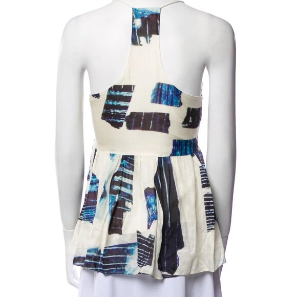Tibi Silk Printed Top Blue White Peplum Racerback Abstract Print Tank Top Size 0 - Picture 2 of 6